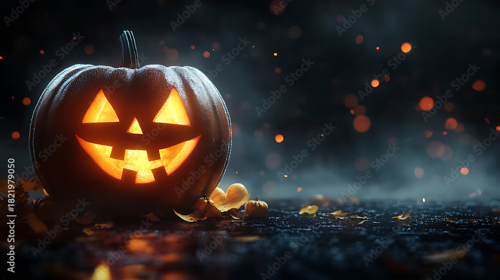 Naklejka premium A spooky Halloween social media post template featuring pumpkin and halloween elements, black background, banner design with large copy space at the top right corner