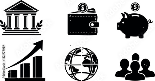 Financial icons with bank wallet piggy bank growth chart globe and people silhouette