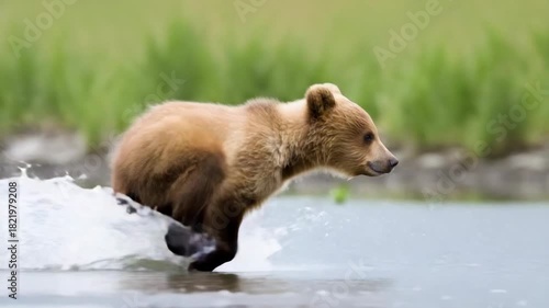A playful young bear runs through shallow water, creating splashes as it enjoys a sunny day in its natural habitat surrounded by greenery