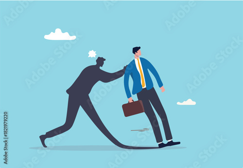 Courage entrepreneur, pushing yourself to success, encourage self believe, determination or aspiration to overcome challenge concept, fearful businessman being push by his shadow self to success