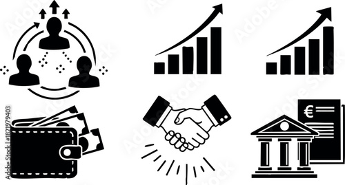 Business icons set with growth charts handshake wallet and bank illustration