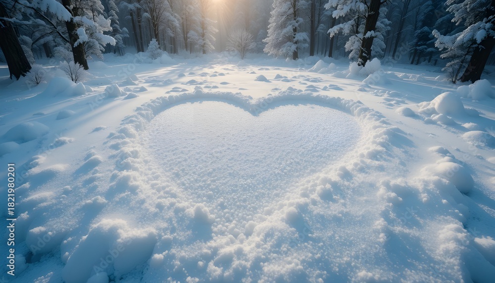 Obraz premium a big heart drawn deeply on the surface of white snow bed surrounded by trees covered with snow