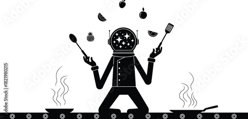 Astronaut chef juggling fruits and cooking utensils in a stylized silhouette