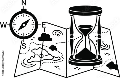 Compass and hourglass on a folded map with clouds and dotted lines representing a journey silhouette