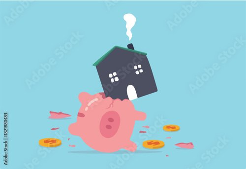 House expense and cost, too expensive payment or high interest rate mortgage concept, heavy house broke savings piggybank metaphor of too much payment and cost. 