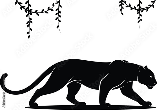 Majestic black panther silhouette walking gracefully through a jungle with hanging vines