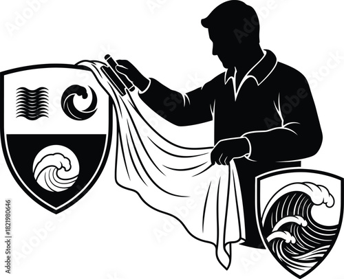Man in silhouette holding fabric revealing crests with waves and swirling patterns silhouette