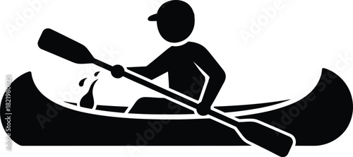 Person wearing a baseball cap paddling a canoe with a paddle splashing water silhouette