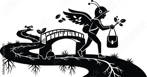Whimsical winged traveler with backpack and satchel crosses a bridge on a winding path silhouette