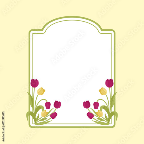 Tulip floral frame in clean flat vector style for invitations, greeting cards, labels, and decorative templates.