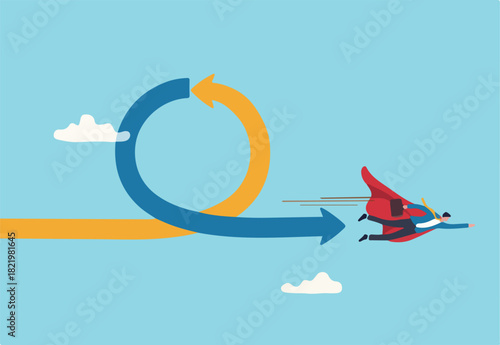 Agile methodology in project management or software development, sprint or dev cycle to release and improve product, scrum process or workflow concept, businessman superhero fly with agile cycle.