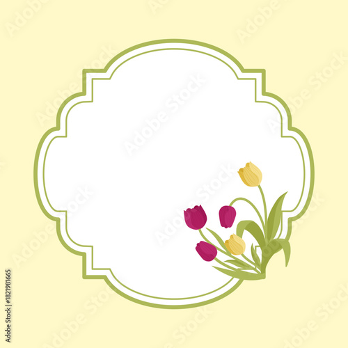 Tulip floral frame in clean flat vector style for invitations, greeting cards, labels, and decorative templates