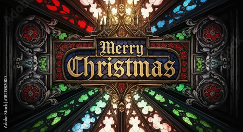 Elegant Merry Christmas greeting with ornate gothic stained glass design, perfect for holiday cards and seasonal promotions with a touch of vintage charm