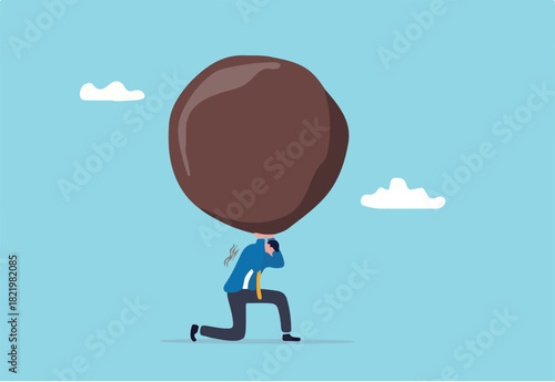 Work responsibility, pressure or problem, debt burden or difficulty challenge, struggle, or overworked, effort or punishment concept, tired businessman carry heavy weight rock boulder in atlas pose