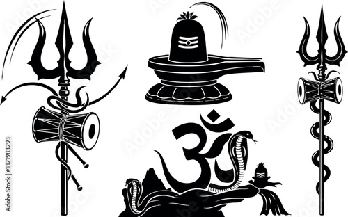 Shiva trident and lingam vector with om symbol and snake elements