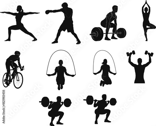 Silhouette collection of various sports and fitness activities on a white background