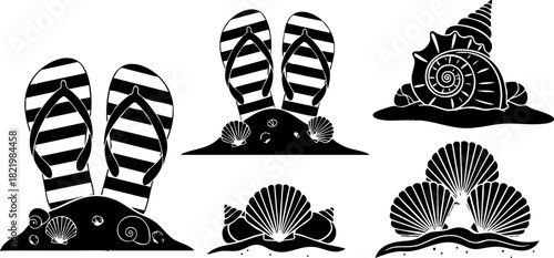 Black and white vector illustration of flip flops seashells and conch shell on sand