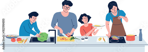 A family is cooking together in a kitchen