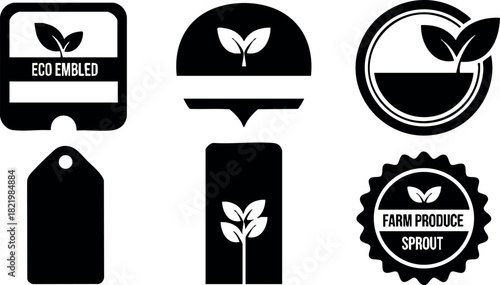 Eco friendly labels and farm produce sprout badges vector set