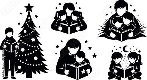 Family reading christmas stories with children around decorated tree silhouette