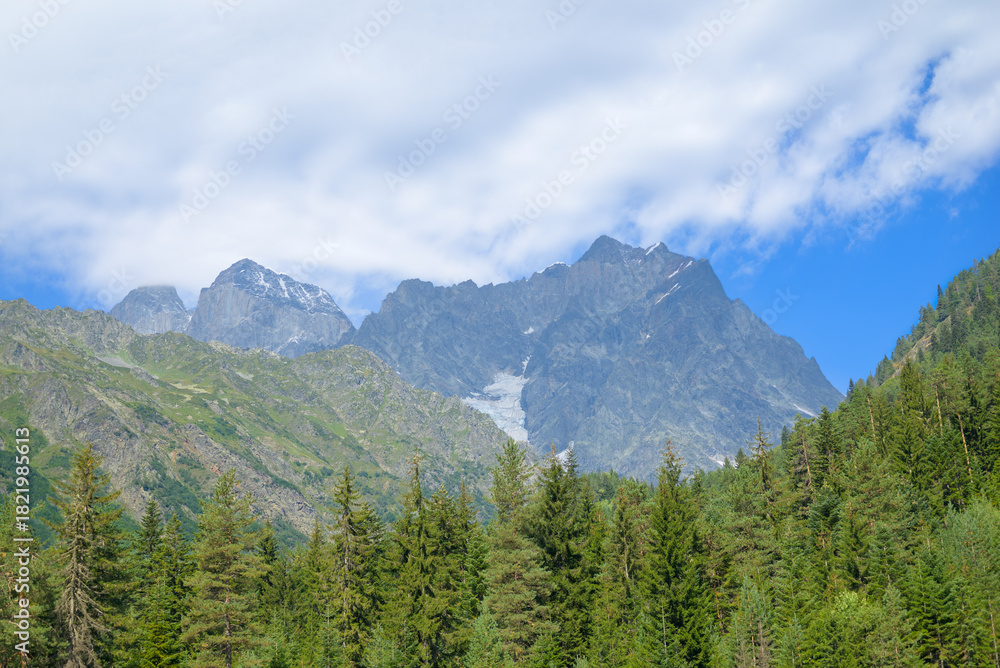 Fototapeta premium Scenic Svaneti landscape featuring rugged mountains covered with dense forests under natural light.