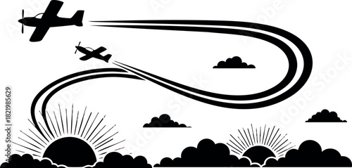 Silhouette of two airplanes flying over sunrise with clouds vector