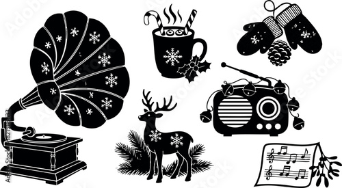 Vintage winter holiday silhouettes with gramophone hot drink deer radio and mittens