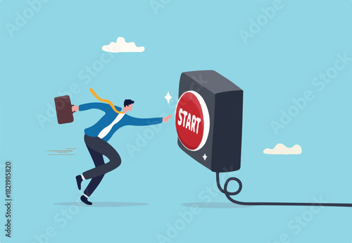 Push start button to start new business, entrepreneur to begin new company, startup to launch project, opportunity, decision to make or motivation concept, businessman run to push red start button