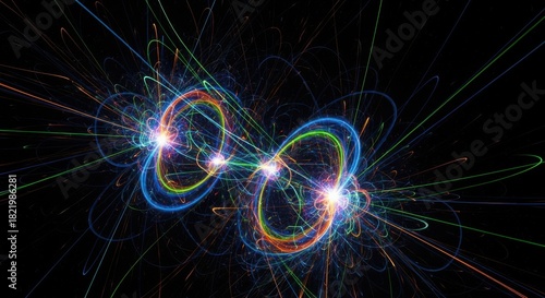 Quantum entanglement is depicted with vibrant light trails forming intertwined loops and rings on a black background. Quantum entanglement shows connected particles,