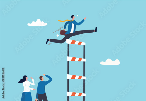 Skill level or experience to overcome challenge and succeed, personal development or improvement, professional or expert level concept, confidence businessman jump across highest level of hurdles.