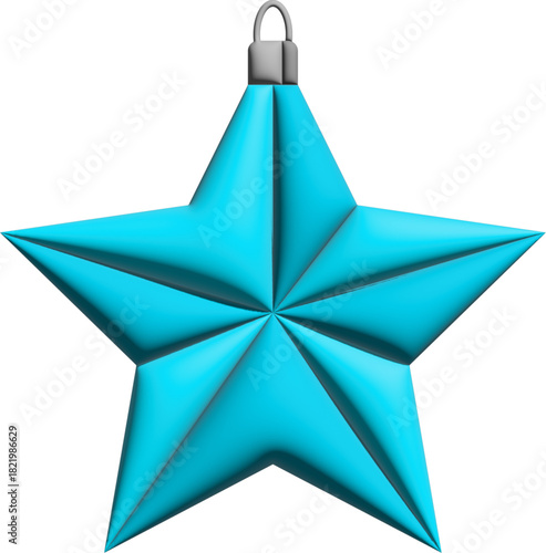 A shiny turquoise five-pointed star ornament with a metallic top loop is displayed against