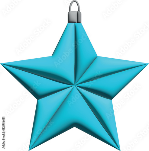 A shiny turquoise five-pointed star ornament with a metallic top loop is displayed against