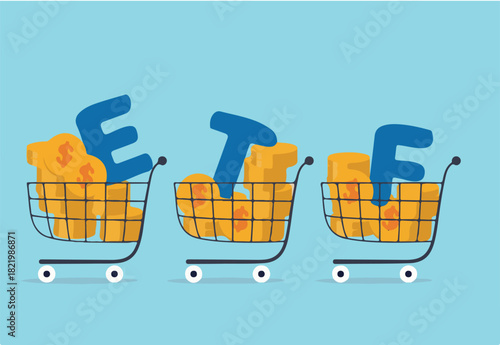 ETF, Exchange Traded Funds realtime mutual funds that tracking investment index trading in stock market concept, shopping carts or trolley full of Dollar money coins with alphabet combine the word ETF