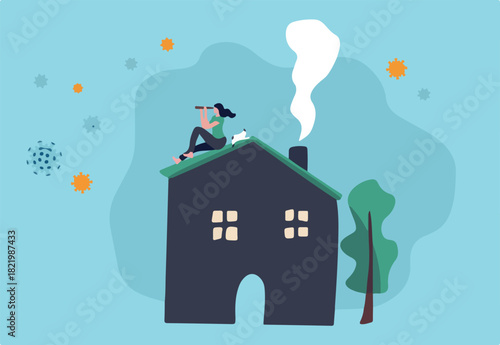 Social Distancing, stay at home in COVID-19 virus outbreak, employee work at home to prevent virus infection, young woman sit on house roof with cat using telescope spying COVID-19 virus pathogens