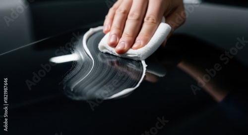 Car detailing in progress, using white cloth on shiny black surface. Car detailing is essential for maintaining vehicle’s appearance, hand applying polish to remove swirl marks and imperfections.