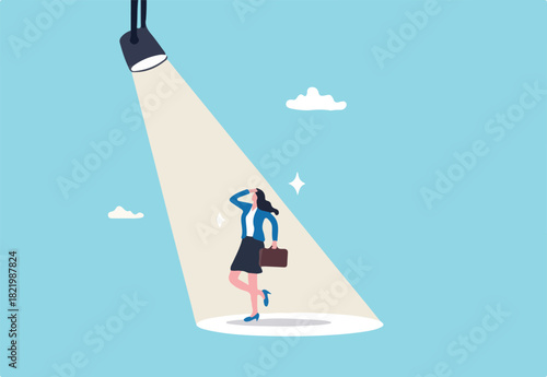 Woman in spotlight, success candidate for job vacancy, outstanding high performance employee, ambition or opportunity concept, confident outstanding businesswoman standing in bright spotlight.