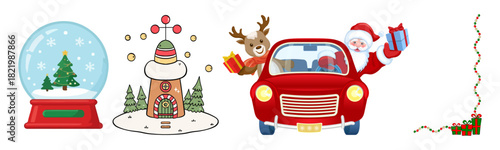 Whimsical christmas scene with santa, reindeer, snow globe, and festive decorations on white