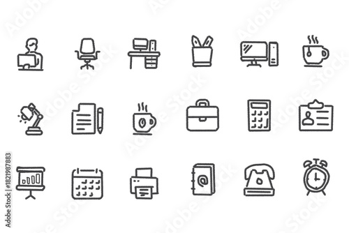Office and business essential tools modern outline icon set vector art