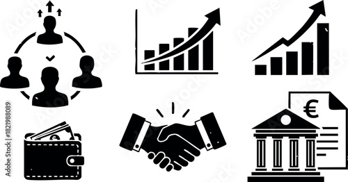 Business growth and financial icons set with people, charts, wallet, handshake, and bank document