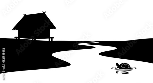 Architecture illustration of coastal estate building on a hill near the beach and sea at sunset