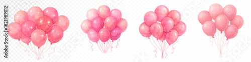 Pink watercolor balloon bouquet set with soft pastel party balloons in multiple variations, festive decoration clipart for celebrations and invitations. Vector illustration.