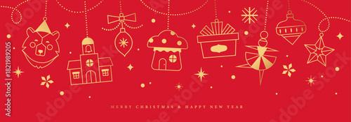 Christmas vector illustration with gold hanging ornaments on red background. Season's greeting design for banner, poster, cover, greeting card.

