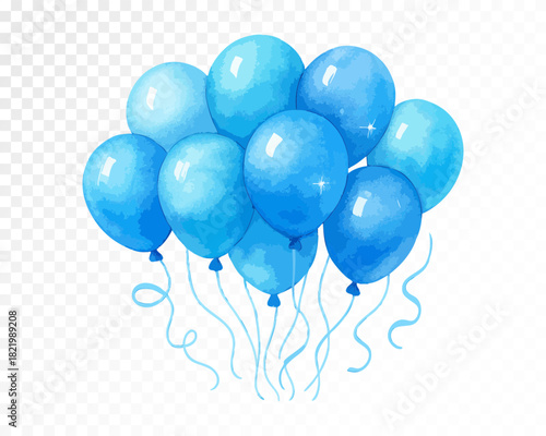 Blue celebration balloons bouquet with glossy watercolor texture, floating party helium balloons cluster with curling ribbons for festive decor and birthday design. Vector illustration.