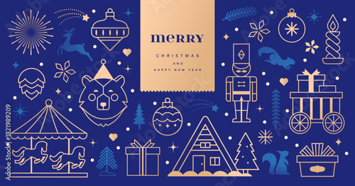Christmas vector illustration with golden Christmas elements on blue background. Season's greeting design for banner, poster, cover, greeting card.

