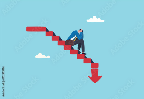 Capital loss or losing money from investment, stock market go down or decline, recession or economic slow down, stock market crisis concept, broke businessman investor on red decline graph and chart.