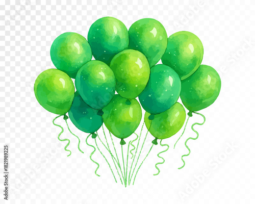 Vibrant green helium balloons bouquet with curling ribbons in watercolor style, festive celebration decoration for birthday party, holidays and events. Vector illustration.