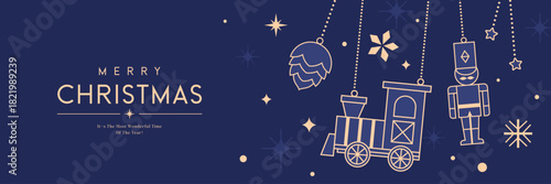 Christmas vector illustration with gold hanging ornaments on blue background. Season's greeting design for banner, poster, cover, greeting card.

