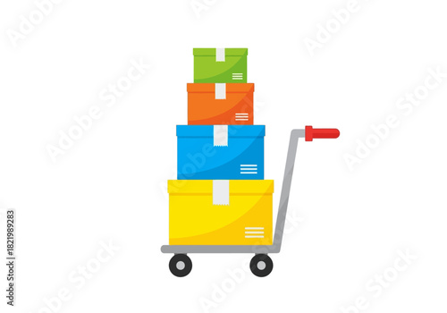 Vector illustration of a hand truck dolly loaded with a stack of colorful cardboard boxes for moving, shipping, and delivery services