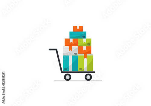 A push cart loaded with a high stack of colorful cardboard parcels, representing warehouse logistics and e-commerce delivery