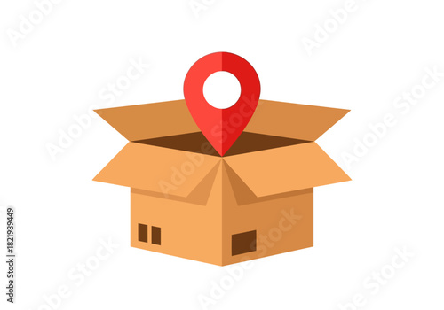 Shipping box with a red location pin, symbolizing package delivery and logistics services